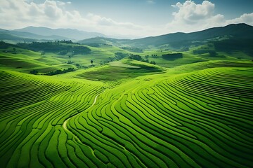 Obraz premium Aerial view of green terraced field with mountain background