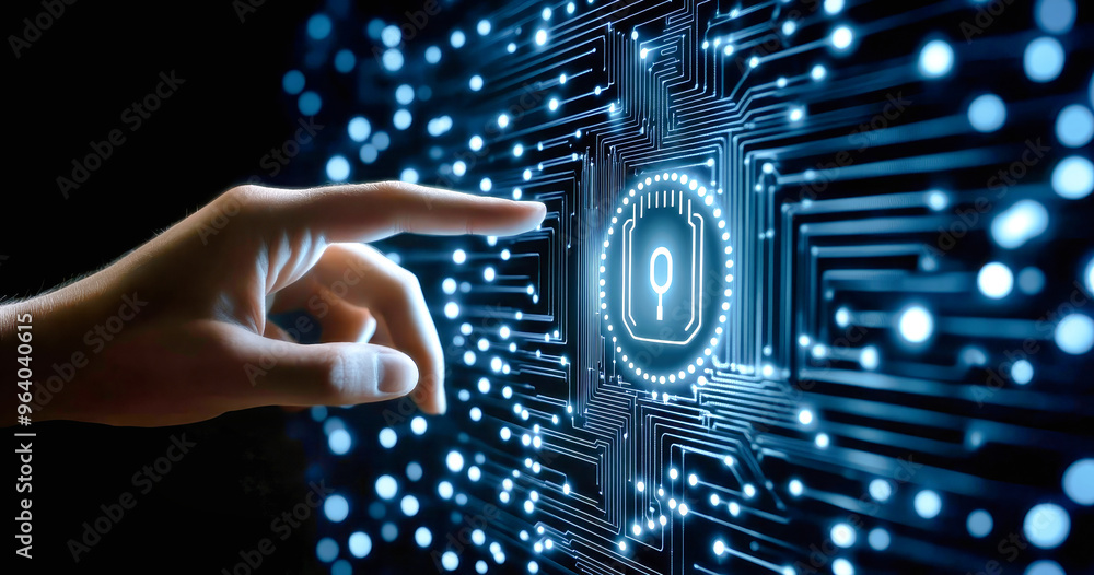 Aufkleber a hand reaches towards a glowing virtual lock icon set against a dark circuit board backdrop, emphas