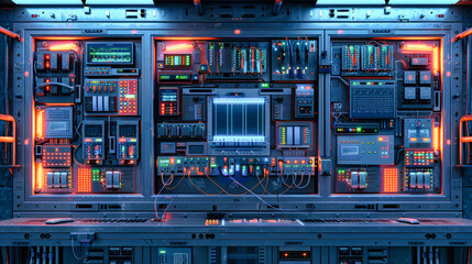 A modern industrial control cabinet illuminates with blue light, showcasing its intricate electronic components and user-friendly electrical interfaces