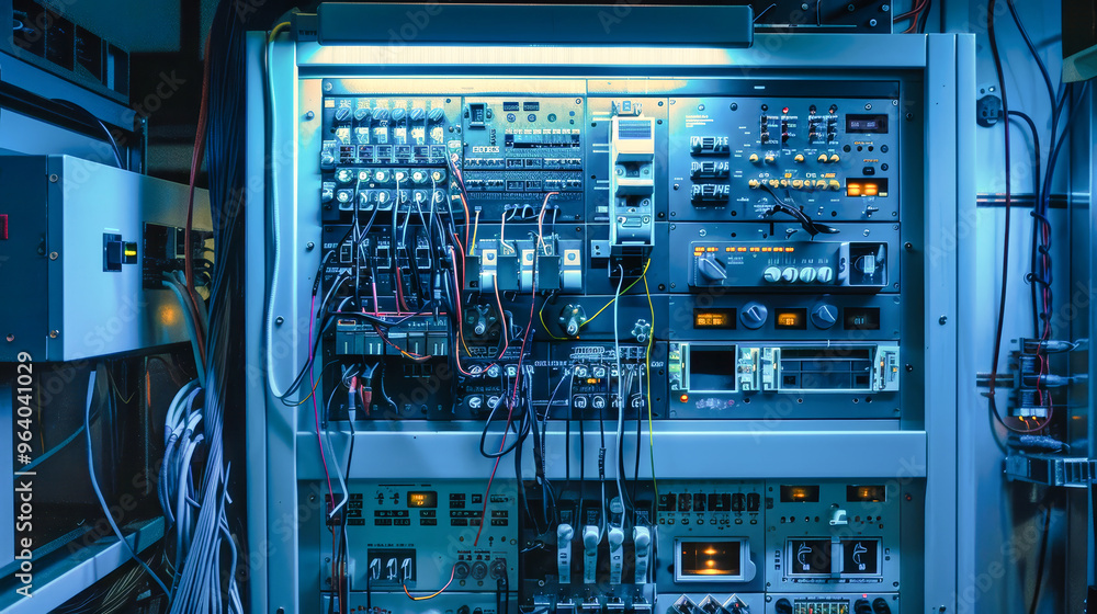 Poster a modern control cabinet reveals an array of wires connecting various electronic devices, illuminate
