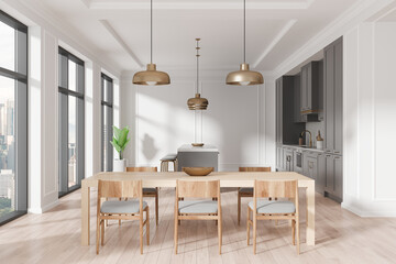 Home kitchen interior with eating table and cooking cabinet. Panoramic window