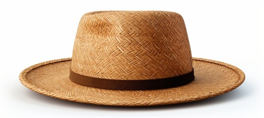 Handcrafted straw hat with a brown band resting on a white surface in natural light
