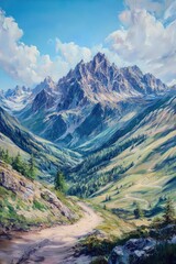 Fototapeta premium Oil painting depicting a panoramic view of a mountain pass in the Alps