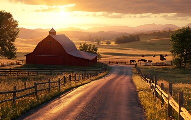 Fototapeta premium Serene Countryside Scene with Red Barn, Grazing Cows, and Setting Sun in Hyper-Realistic Photography