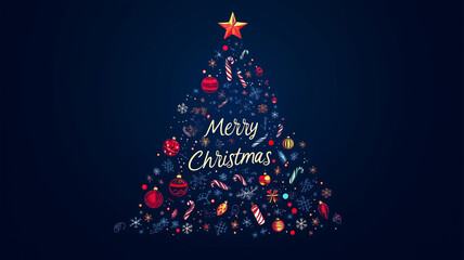 Abstract Christmas tree shape made of Christmas decorations, text "Merry Christmas", dark blue background. Christmas ornaments in the shape of a Christmas tree. Christmas greeting card, business chris