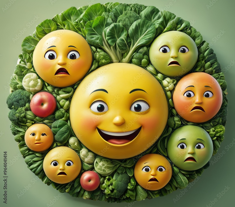 Poster a creative platter of vegetables arranged with various emoji faces expressing different emotions. th
