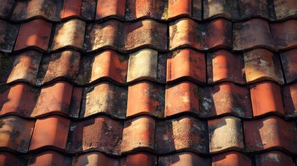 Close-up of weathered terracotta roof tiles