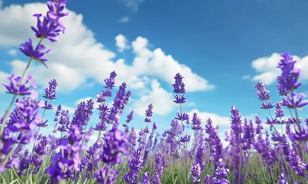 A vibrant field of lavender flowers under a blue sky with fluffy clouds.