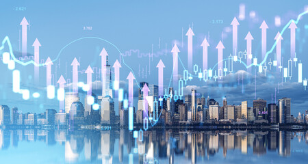 New York skyline, forex diagrams and forex dynamics, global trading