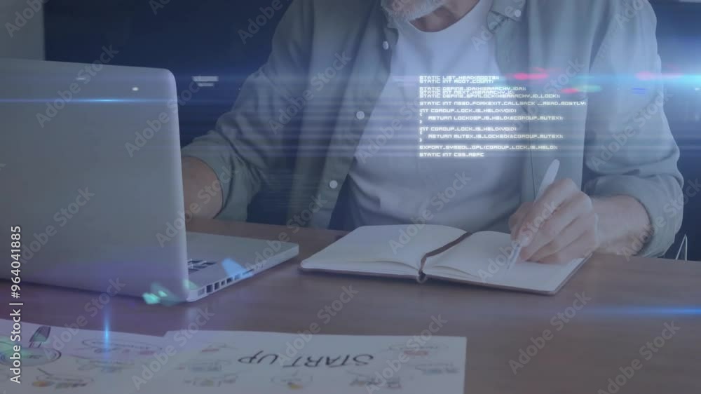 Poster animation of data processing over caucasian businessman using laptop