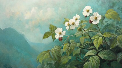 Oil painting depicting flowers of a mountain raspberry plant scientifically referred to as Rubus fraxinifolius also commonly recognized as mountain raspberry
