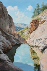 Oil painting depicting a pool nestled in a mountainous riverbed showcasing the tranquil beauty of nature