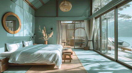 Luxury hotel room with light blue walls and floors, in the style of nature-inspired installations and interior design. Black Chinese furniture, floor-to-ceiling windows. Generative AI.