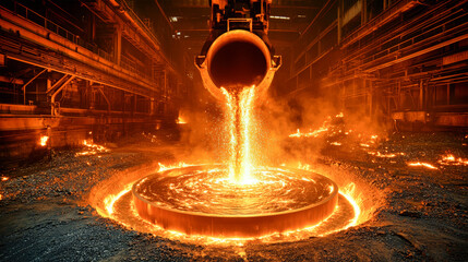 Hot molten iron pours from furnaces, illuminating the steel mill with bright flames and sparks as workers oversee the dynamic smelting process