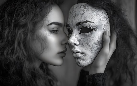 Dual Identity Revealed: Woman Holding Mask with Confident and Fearful Expressions in Black and White Photography