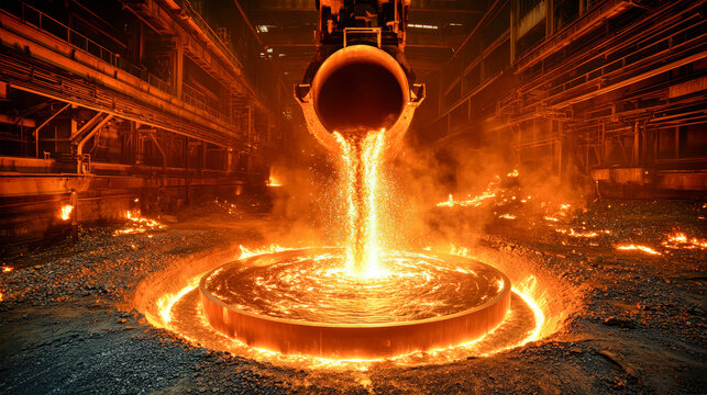 Hot molten iron pours from furnaces, illuminating the steel mill with bright flames and sparks as workers oversee the dynamic smelting process