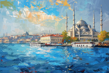 Naklejka premium Colorful Istanbul waterfront painting