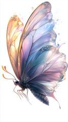 A glowing cartoon fairy butterfly with multicolored wings in lavender, aqua, and pink, flies against a white background. Its body sparkles, and its eyes twinkle with curiosity.