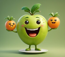Playful cartoon characters of a green apple and two oranges with smiling faces and leaves. The apple holds the oranges on a plate, set against a green background, creating a cheerful and whimsical