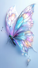 Fototapeta premium A glowing cartoon fairy butterfly with multicolored wings in lavender, aqua, and pink, flies against a white background. Its body sparkles, and its eyes twinkle with curiosity.