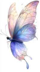 A glowing cartoon fairy butterfly with multicolored wings in lavender, aqua, and pink, flies against a white background. Its body sparkles, and its eyes twinkle with curiosity.