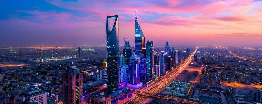 Riyadh Cityscape at Twilight with Illuminated Skyscrapers and Traffic