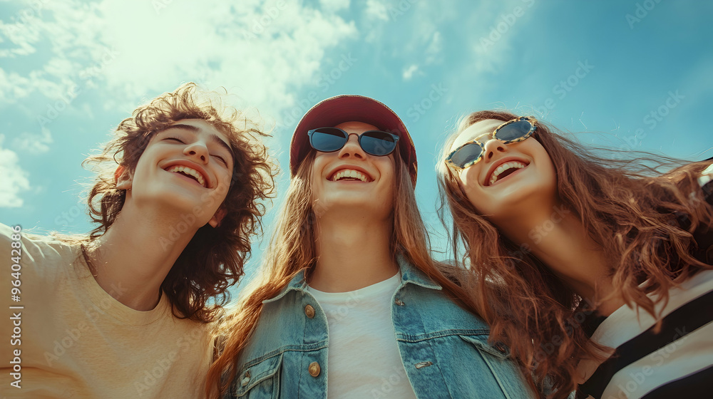 Wall mural Happy young friends enjoying outdoor time together under blue sky  