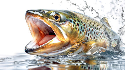 An intense brown trout erupts from the water, mouth agape, surrounded by sparkling splashes against a serene white backdrop