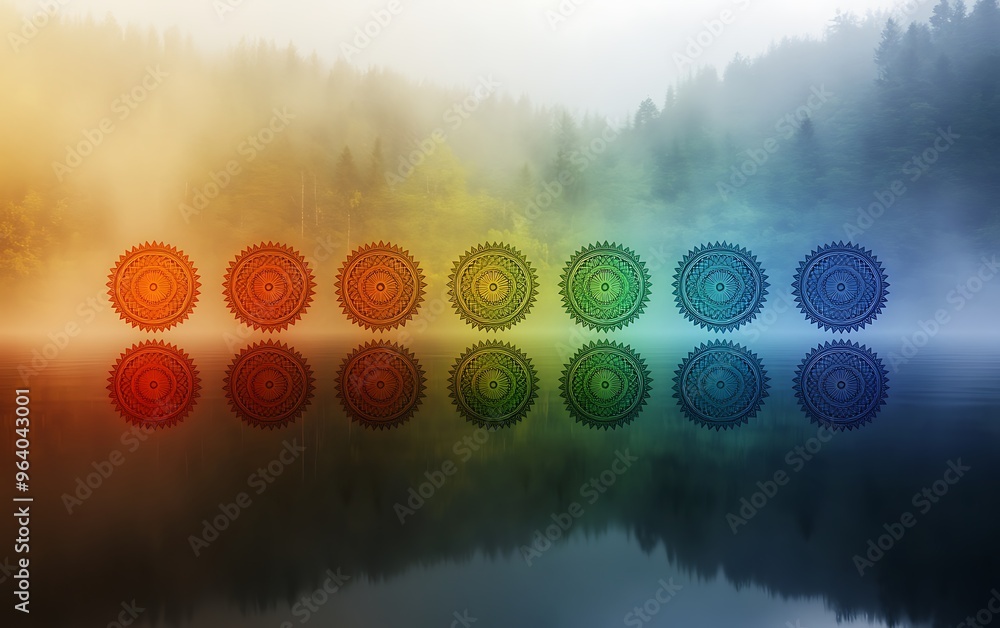 Poster multicolored mandala patterns on vertical gradient by misty lake