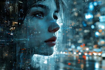 Side view of thoughtful young woman looking at night city. Double exposure city background