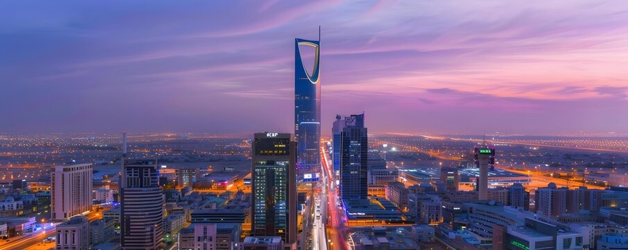 Kingdom Tower and Cityscape at Dusk in Riyadh, Saudi Arabia
