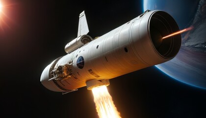 A futuristic space shuttle propels forward with bright flames against the backdrop of Earth and space. The image captures the intensity and excitement of space travel, highlighting advanced technology