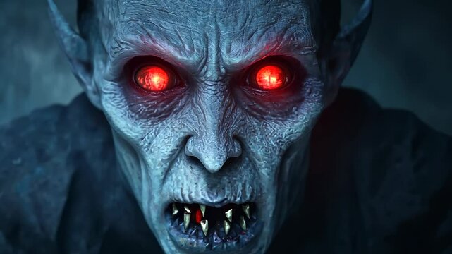 Sinister vampire with blood-red eyes and chilling expression. Animated, Halloween-themed colors and spooky ambiance.