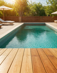 Image of wood table in front of swimming pool blur background. Brown wooden desk empty counter front view of the poolside on beautiful beach resort and outdoor spa.