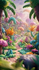 Enchanting 3D Fantasy Jungle with Vibrant Foliage and Whimsical Elements