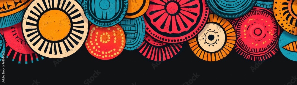Poster colorful patterns featuring vibrant circles and unique designs on a dark background, perfect for mod