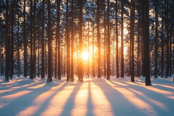 Sunset Glow Through Snowy Pines: A Winter Wonderland