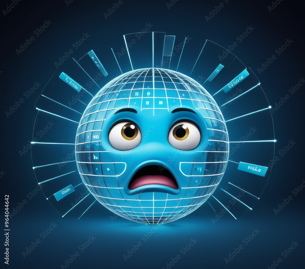 Poster a digital blue globe with a worried expression, surrounded by floating data elements, set against a 