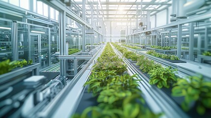Next-generation factory, data visualization, modern and advanced production lines, glass fronts, overflowing greenery, and a variety of information. Generative AI.