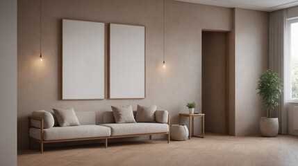 An empty living area design illustration template image, An empty photo frame on the wall interior mockup design.