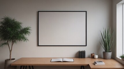 Fototapeta premium An empty room interior design illustration template image, An empty photo frame on the wall interior mockup design.