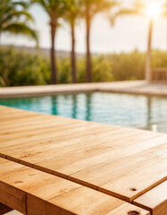 Image of wood table in front of swimming pool blur background. Brown wooden desk empty counter front view of the poolside on beautiful beach resort and outdoor spa.