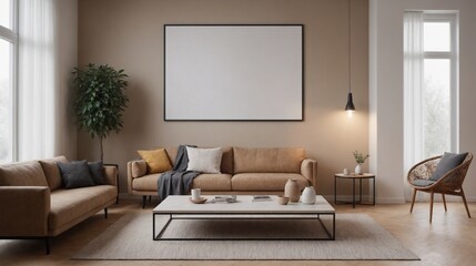 An empty living room interior design illustration template image, An empty photo frame on the wall interior mockup design.