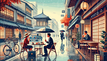 People holding umbrellas in rainy Kyoto. Vector illustration. © DRN Studio