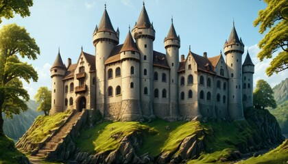 Fototapeta premium A grand medieval castle stands majestically on a lush green hill, surrounded by scenic landscapes and tall trees. The castle's impressive turrets and stone walls evoke a sense of history and grandeur