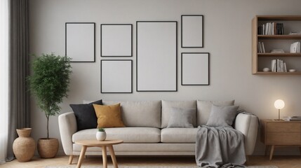 Home interior mock-up with sofa, table and decor in living room, Modern home interior