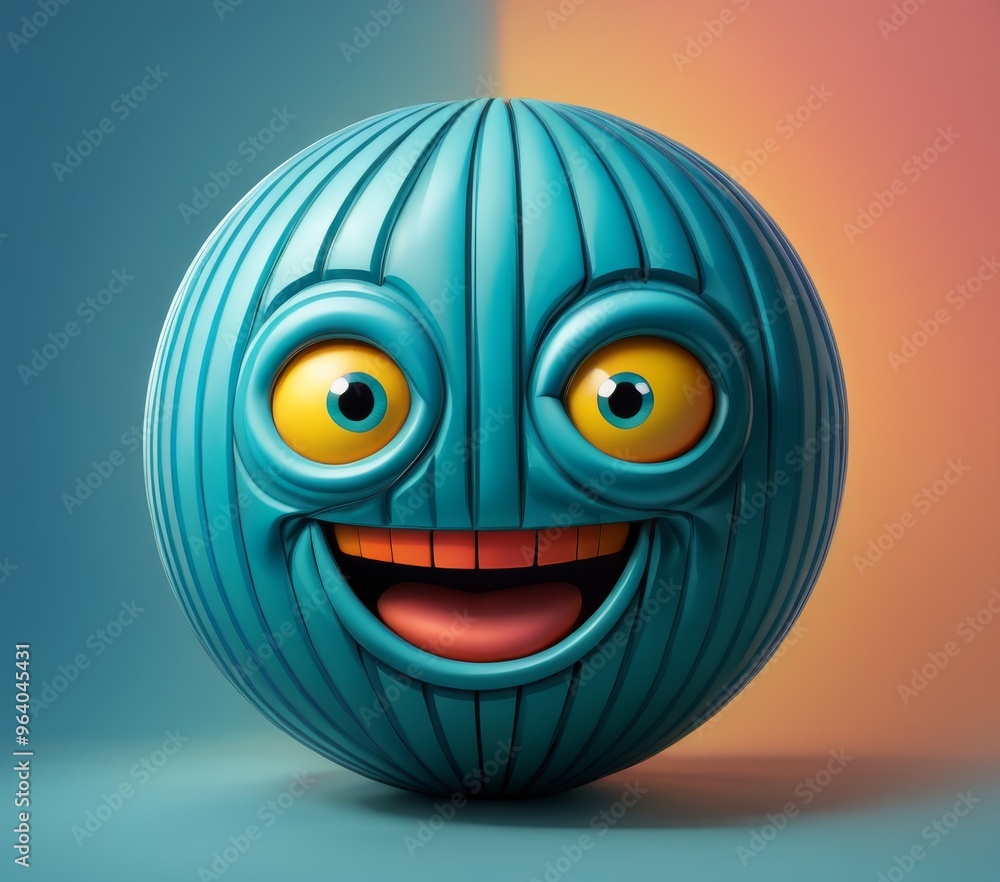 Poster a 3d rendered smiley face in teal with a striped texture, set against a colorful background. the lar