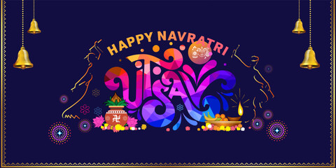 Modern festive background for Happy Navratri Utsav Logo with kalash and dandiya dance.