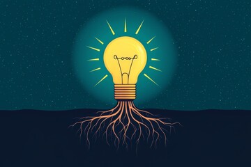 A flat design of a bright light bulb with roots extending from its base. The light bulb symbolizes innovative ideas, while the roots represent the process of ideas taking root.