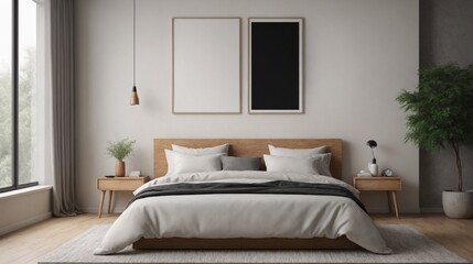 An empty mockup poster frame above the bed in minimalist modern bedroom interior design background, Modern home interior image.
